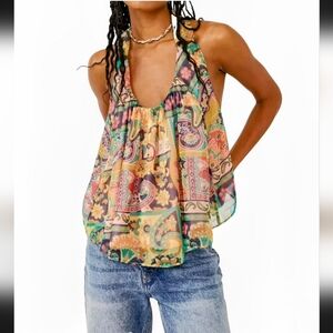 FREE PEOPLE Strawberry Flowy Pink Green Razorback Chiffon Swing Top NWT Small